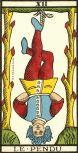 Tarotkort XII Le Pendu (den hängde mannen). Tarot de marseille.